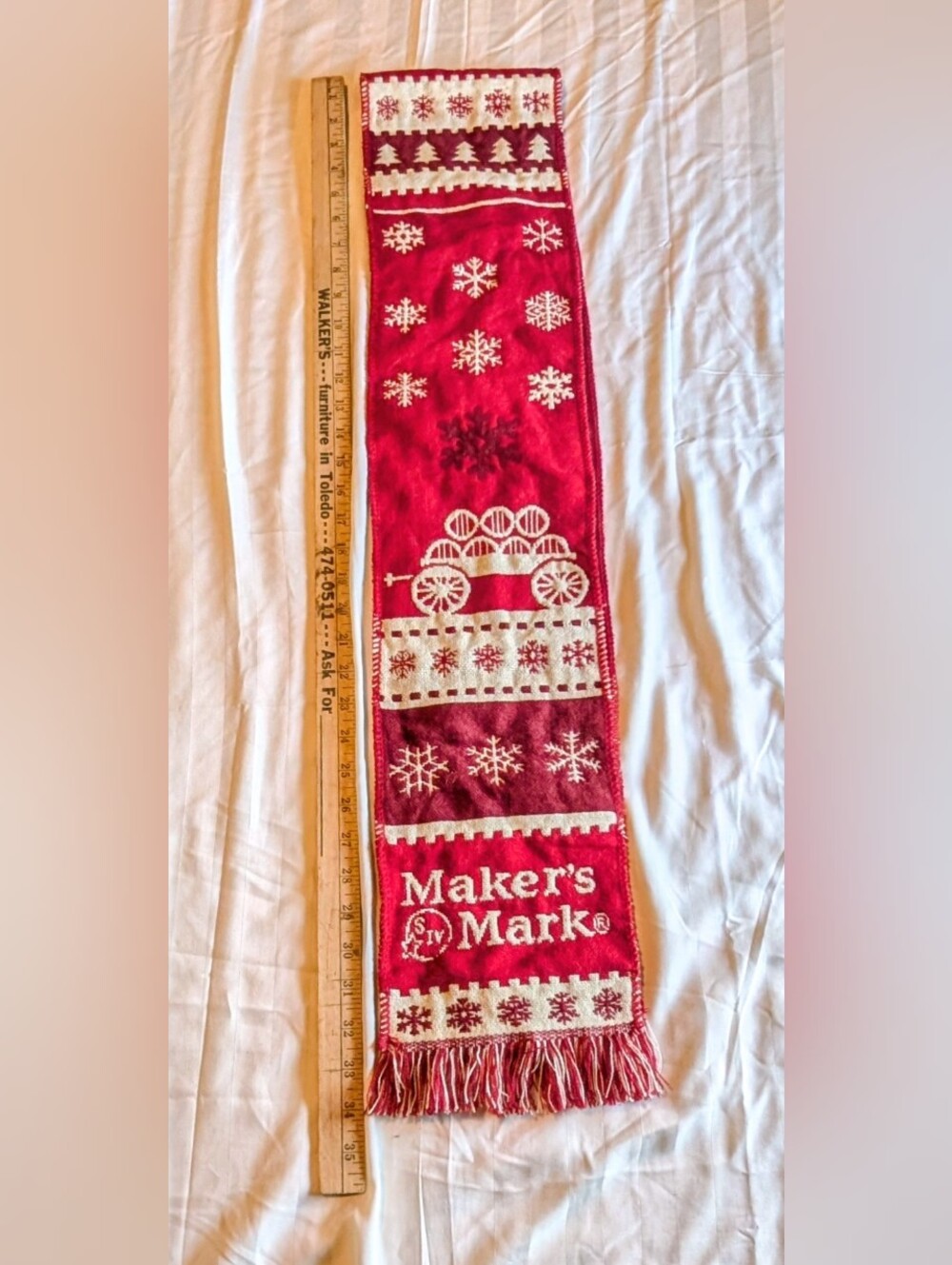 Maker’s Mark Bourbon Holiday Scarf Red Cream Snowflake Christmas Fringe